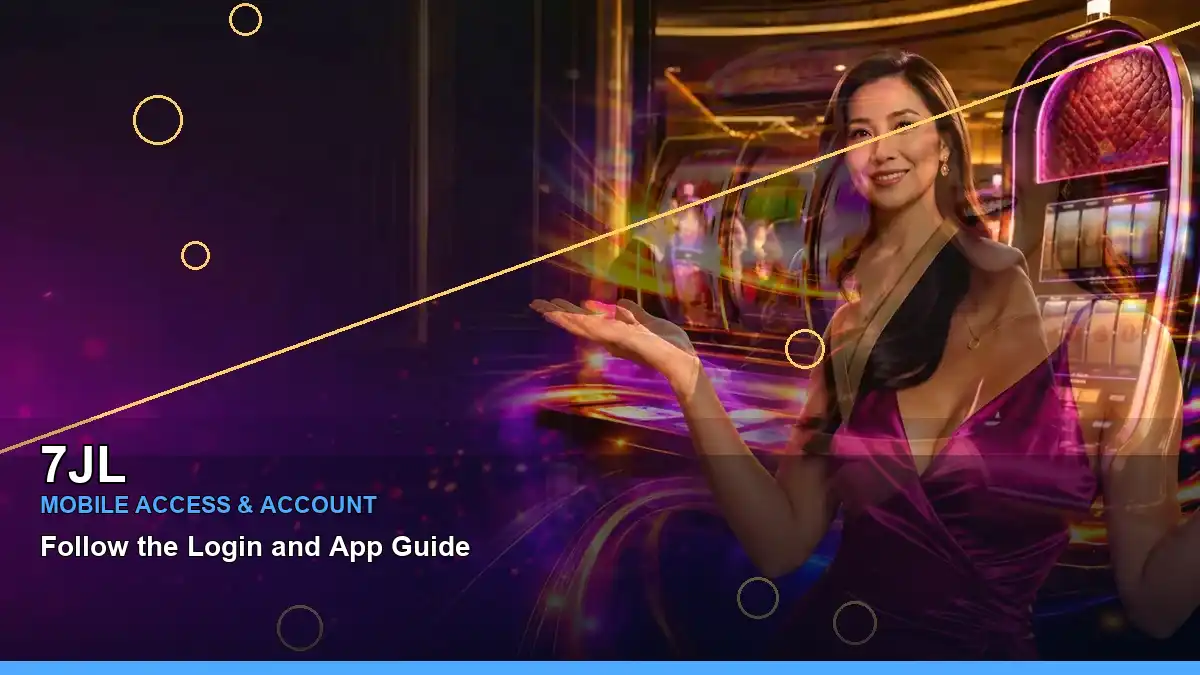 7JL VIP casino rewards shown with an adult Filipina casino host in a lively wide-angle composition